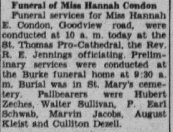 Obituary for Hannah E. Condon